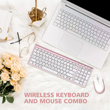 Wireless Keyboard and Mouse Combo - 2.4G Portable Wireless Keyboard Mouse with Rechargeable Battery, Ergonomic Design, Full Size, Slim & Thin, Stable Connection, Adjustable DPI, Rose Gold