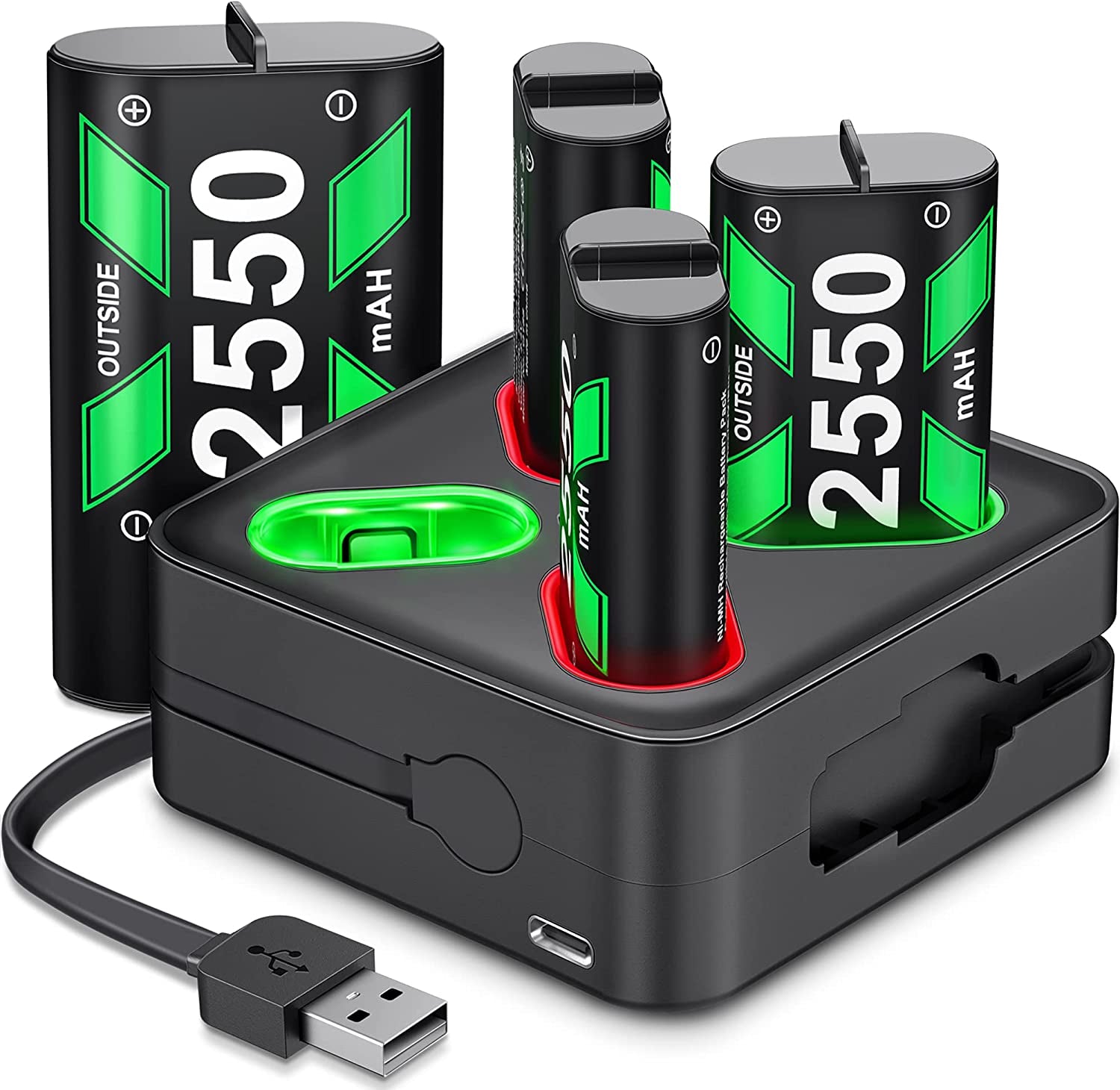 Charger for X-1 Controller Battery Pack, 4X 2550Mah Rechargeable Battery Packs Charging Station, Battery Charger Accessories Kit for X-1/Series X|S/One S|X/One Elite Controllers, Xbox 360 Batteries