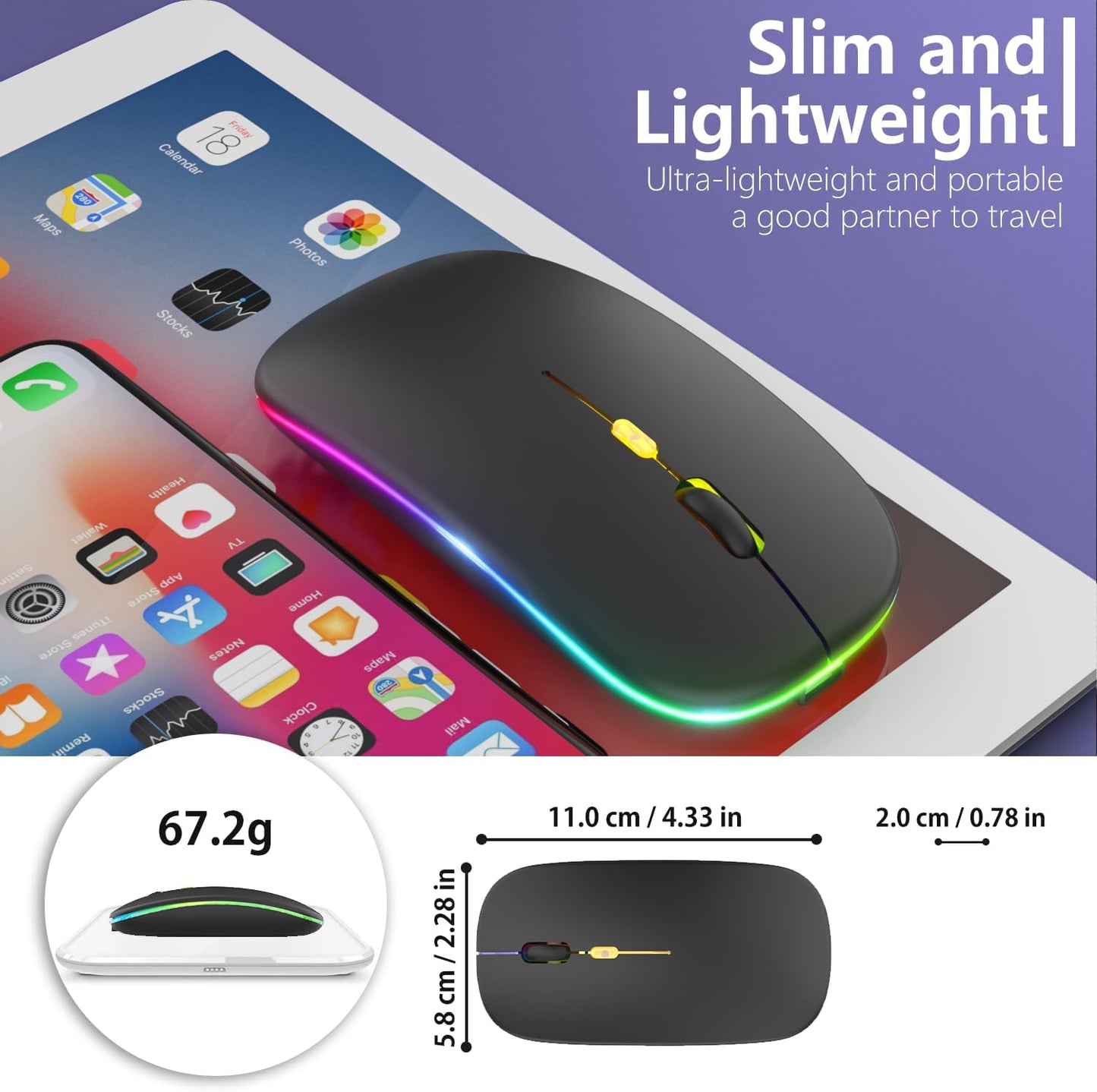 Upgrade LED Wireless Slim Silent Computer Mouse, 2.4G Portable Optical Office Mouse with USB & Type-C Receiver, 3 Adjustable DPI Levels for Notebook, PC, Laptop, Macbook