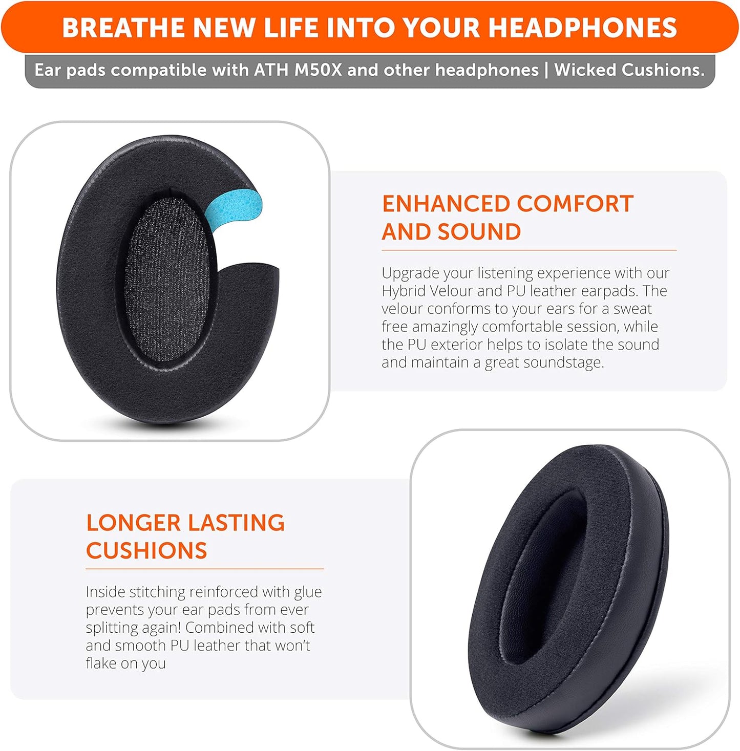Padz Velour - the Ultimate Upgraded Earpads by Wicked Cushions - Compatible with Audio Technica, Hyperx, Steelseries Arctis & More - Extra Thick - Bigger Opening - Softer Memory Foam | (Black)