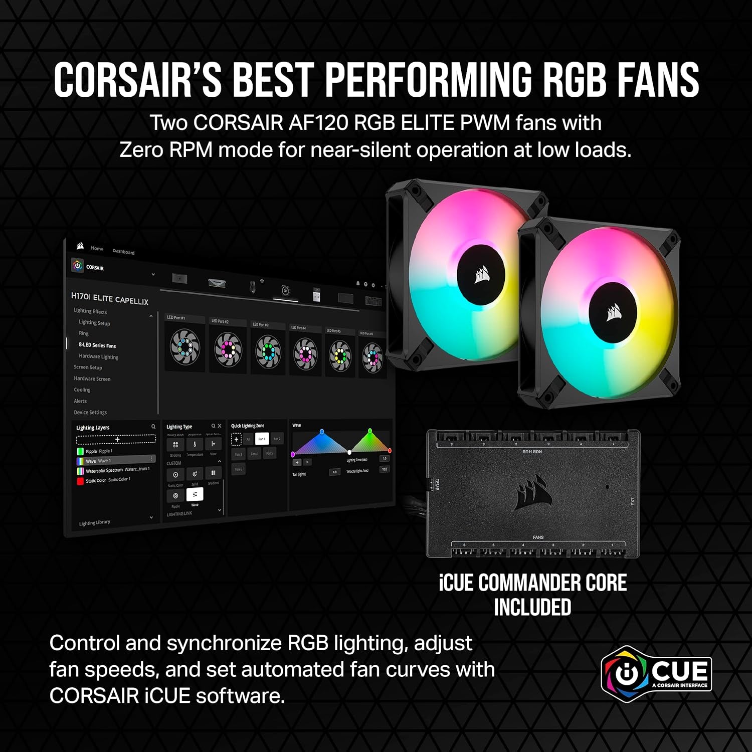 Icue H100I Elite CAPELLIX XT Liquid CPU Cooler - Two AF120 RGB Elite Fans - 240Mm Radiator - Intel® LGA 1700, 1200, 115X, 2066, AMD® AM5, AM4 - Included Icue Commander CORE - Black