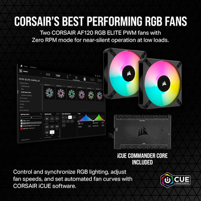 Icue H100I Elite CAPELLIX XT Liquid CPU Cooler - Two AF120 RGB Elite Fans - 240Mm Radiator - Intel® LGA 1700, 1200, 115X, 2066, AMD® AM5, AM4 - Included Icue Commander CORE - Black