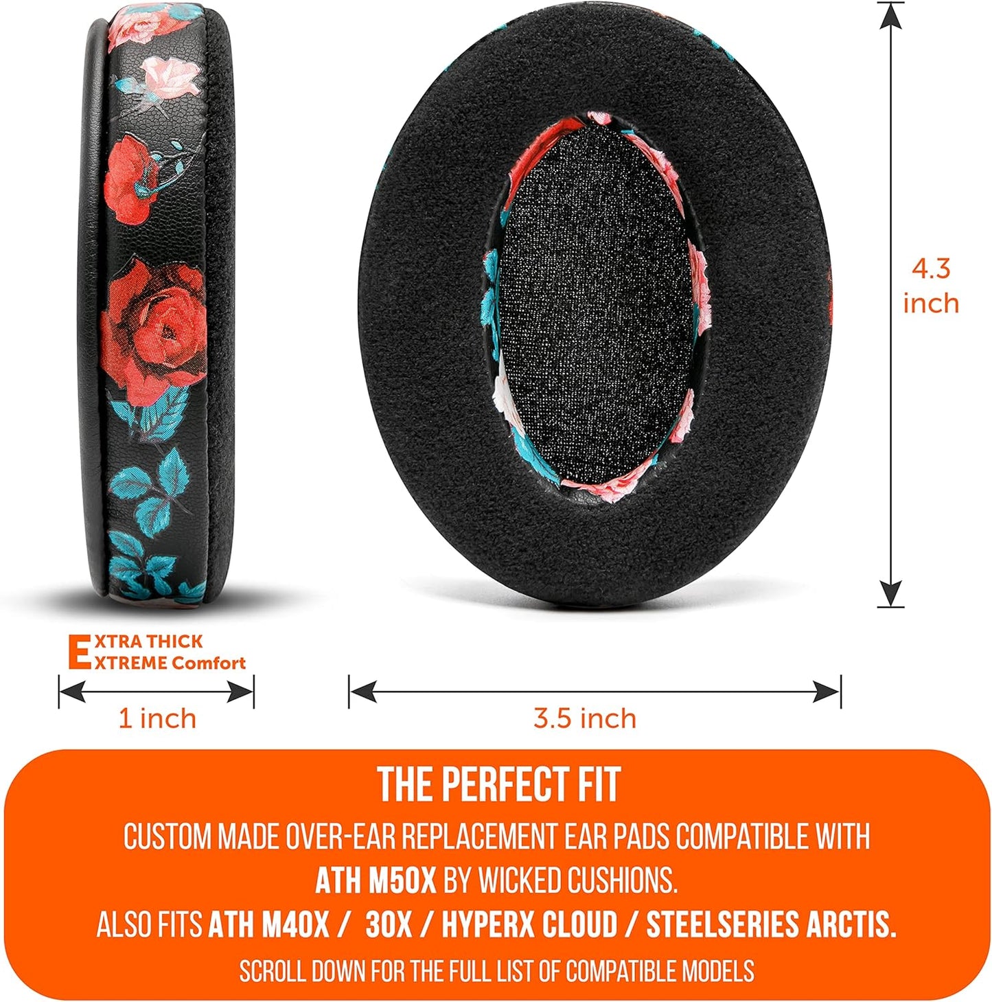 Padz Velour - the Ultimate Upgraded Earpads by Wicked Cushions - Compatible with Audio Technica, Hyperx, Steelseries Arctis & More - Extra Thick - Bigger Opening - Softer Memory Foam | Black Floral
