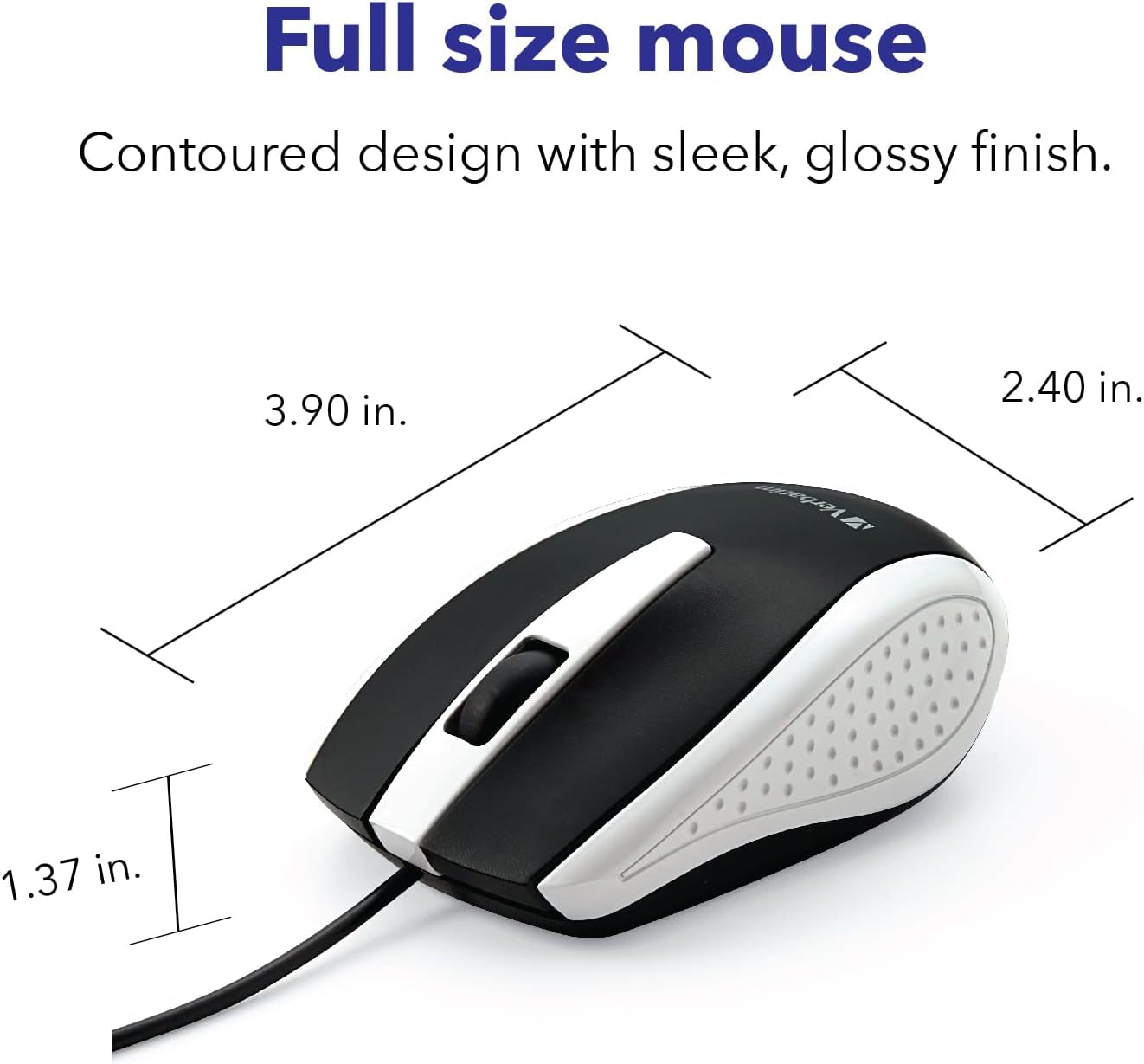 Wired USB Computer Mouse - Corded USB Mouse for Laptops and Pcs - Right or Left Hand Use, White 99740, 1.4" X 2.4" X 3.9"