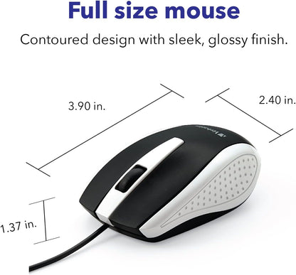 Wired USB Computer Mouse - Corded USB Mouse for Laptops and Pcs - Right or Left Hand Use, White 99740, 1.4" X 2.4" X 3.9"
