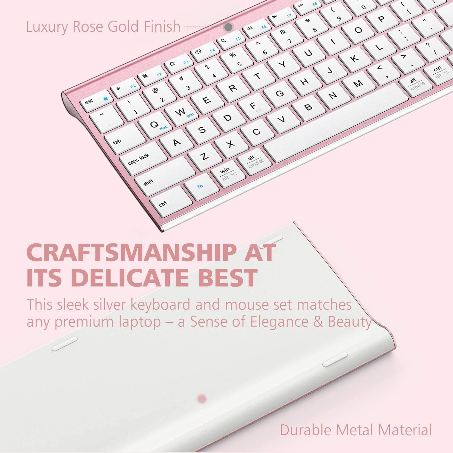 Wireless Keyboard and Mouse Combo - 2.4G Portable Wireless Keyboard Mouse with Rechargeable Battery, Ergonomic Design, Full Size, Slim & Thin, Stable Connection, Adjustable DPI, Rose Gold