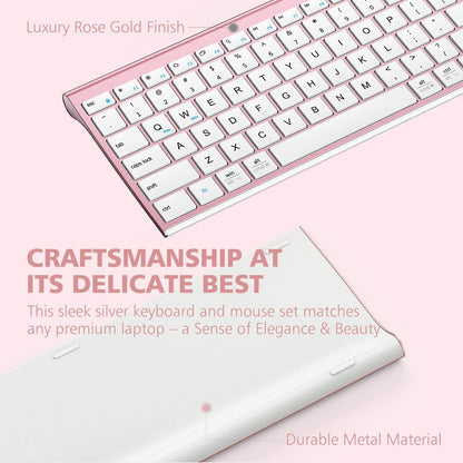 Wireless Keyboard and Mouse Combo - 2.4G Portable Wireless Keyboard Mouse with Rechargeable Battery, Ergonomic Design, Full Size, Slim & Thin, Stable Connection, Adjustable DPI, Rose Gold