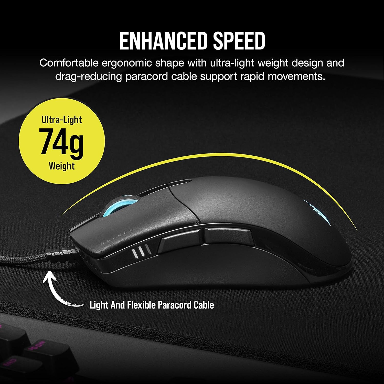 Sabre RGB PRO Champion Series FPS/MOBA Gaming Mouse - Ergonomic Shape for Esports and Competitive Play - Ultra-Lightweight 74G - Flexible Paracord Cable