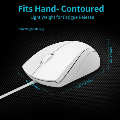 N1600 3-Button Quiet Wired Mouse, 1000DPI Optical Mouse, Quiet Button, Ergonomic Shape, for Desktop Computers Laptops, Matte White