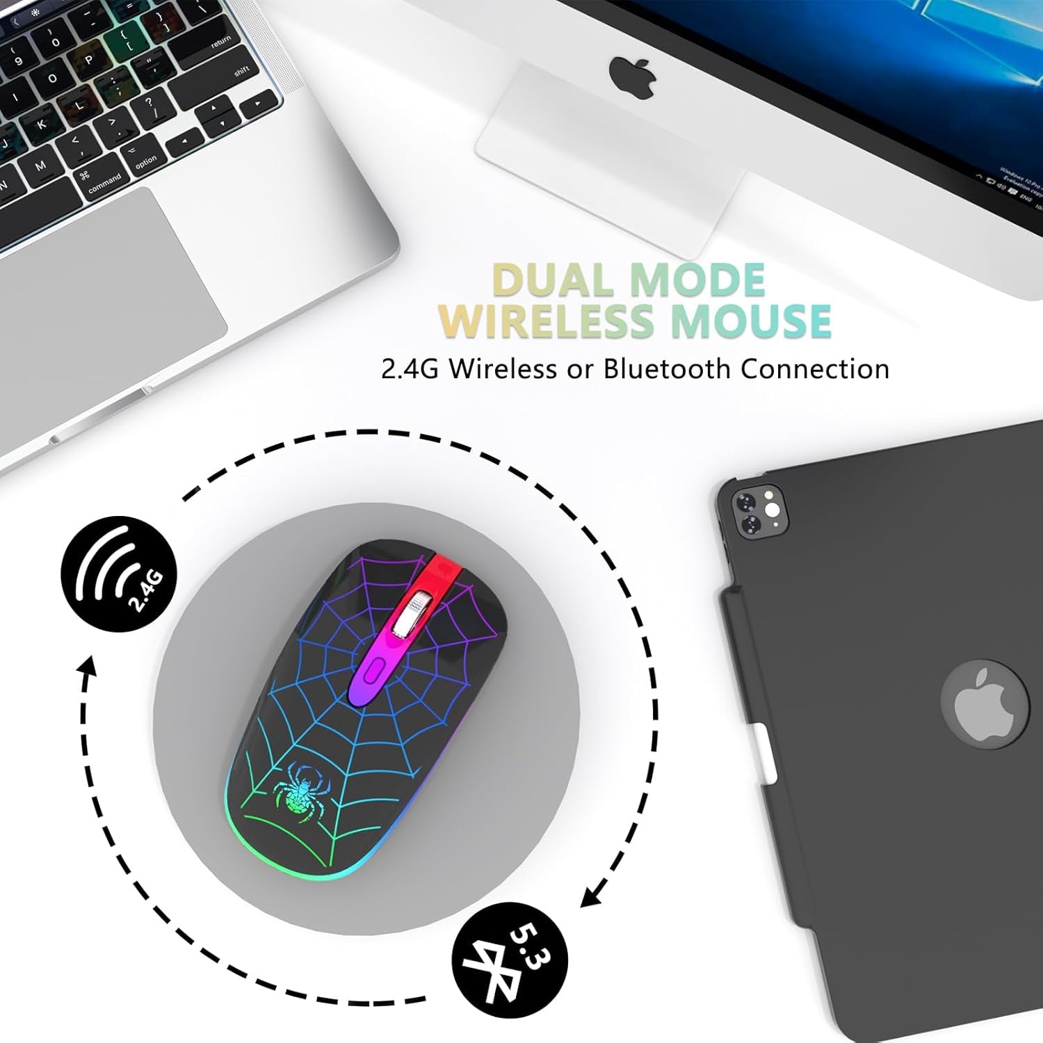 Wireless Mouse, Rechargeable LED Bluetooth Wireless Mouse, Portable USB Optical 2.4G Wireless Bluetooth Two Mode Computer Mice with USB & Type-C Receiver