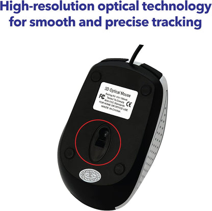 Wired USB Computer Mouse - Corded USB Mouse for Laptops and Pcs - Right or Left Hand Use, White 99740, 1.4" X 2.4" X 3.9"