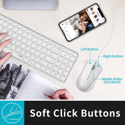 N1600 3-Button Quiet Wired Mouse, 1000DPI Optical Mouse, Quiet Button, Ergonomic Shape, for Desktop Computers Laptops, Matte White