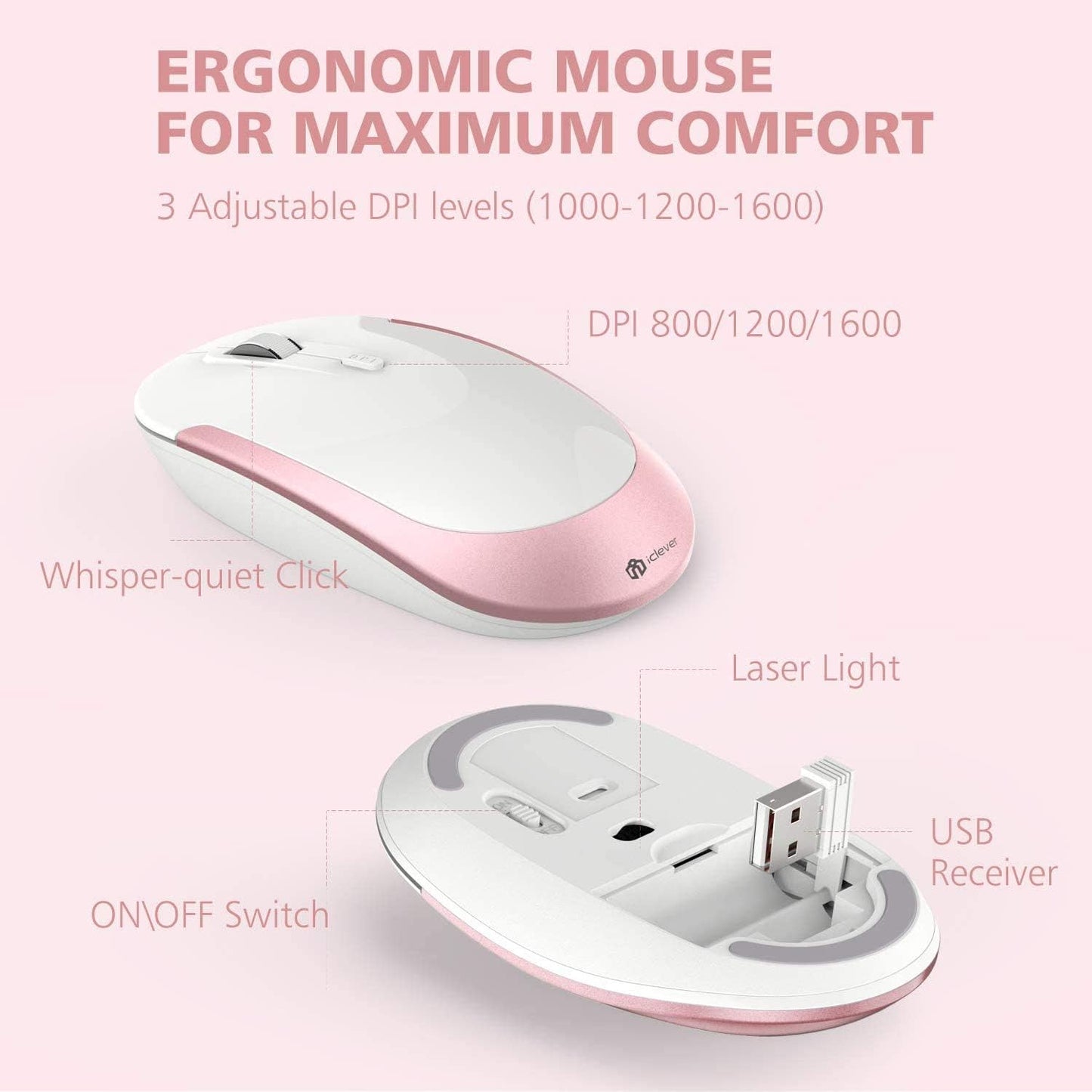 Wireless Keyboard and Mouse Combo - 2.4G Portable Wireless Keyboard Mouse with Rechargeable Battery, Ergonomic Design, Full Size, Slim & Thin, Stable Connection, Adjustable DPI, Rose Gold