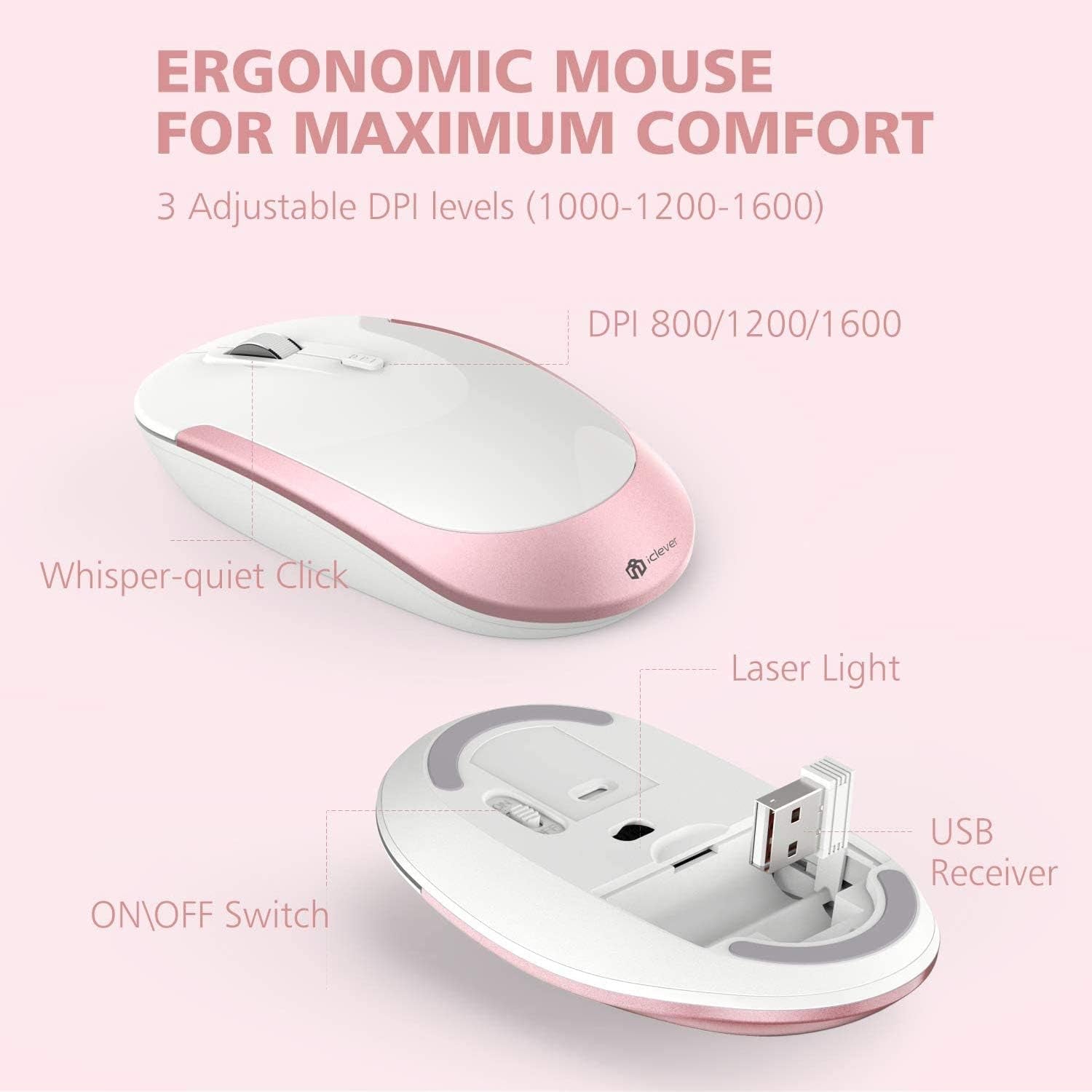 Wireless Keyboard and Mouse Combo - 2.4G Portable Wireless Keyboard Mouse with Rechargeable Battery, Ergonomic Design, Full Size, Slim & Thin, Stable Connection, Adjustable DPI, Rose Gold