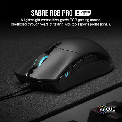 Sabre RGB PRO Champion Series FPS/MOBA Gaming Mouse - Ergonomic Shape for Esports and Competitive Play - Ultra-Lightweight 74G - Flexible Paracord Cable