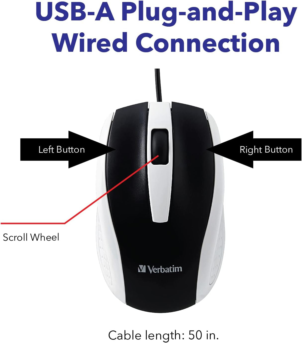 Wired USB Computer Mouse - Corded USB Mouse for Laptops and Pcs - Right or Left Hand Use, White 99740, 1.4" X 2.4" X 3.9"