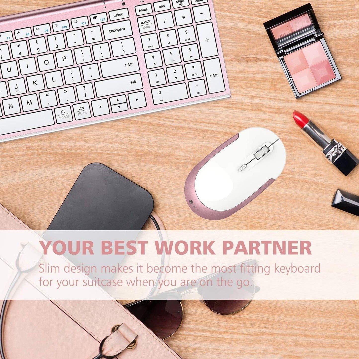 Wireless Keyboard and Mouse Combo - 2.4G Portable Wireless Keyboard Mouse with Rechargeable Battery, Ergonomic Design, Full Size, Slim & Thin, Stable Connection, Adjustable DPI, Rose Gold