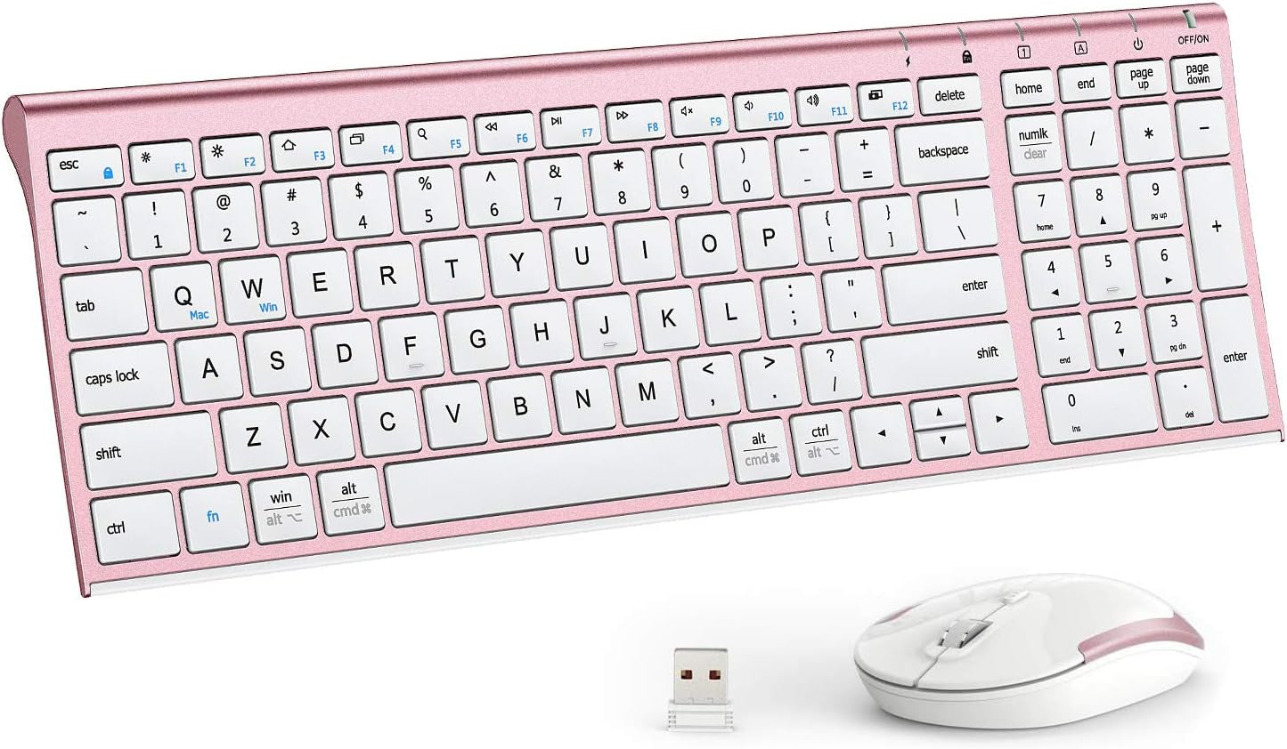 Wireless Keyboard and Mouse Combo - 2.4G Portable Wireless Keyboard Mouse with Rechargeable Battery, Ergonomic Design, Full Size, Slim & Thin, Stable Connection, Adjustable DPI, Rose Gold