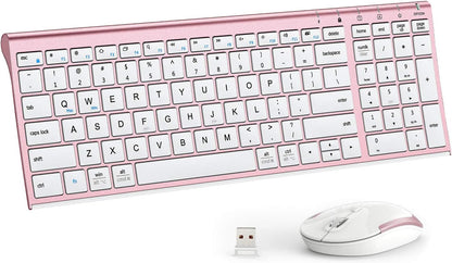 Wireless Keyboard and Mouse Combo - 2.4G Portable Wireless Keyboard Mouse with Rechargeable Battery, Ergonomic Design, Full Size, Slim & Thin, Stable Connection, Adjustable DPI, Rose Gold