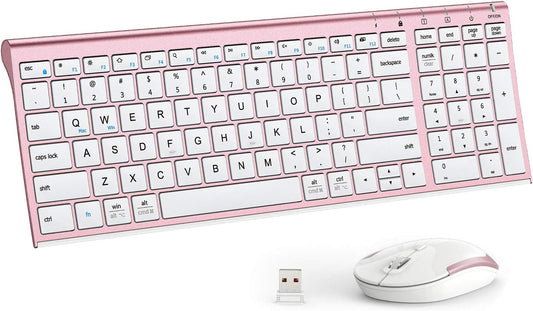 Wireless Keyboard and Mouse Combo - 2.4G Portable Wireless Keyboard Mouse with Rechargeable Battery, Ergonomic Design, Full Size, Slim & Thin, Stable Connection, Adjustable DPI, Rose Gold