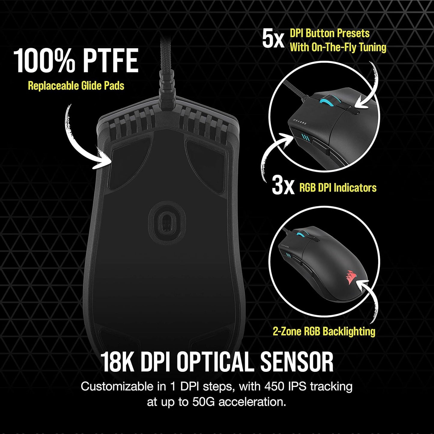 Sabre RGB PRO Champion Series FPS/MOBA Gaming Mouse - Ergonomic Shape for Esports and Competitive Play - Ultra-Lightweight 74G - Flexible Paracord Cable