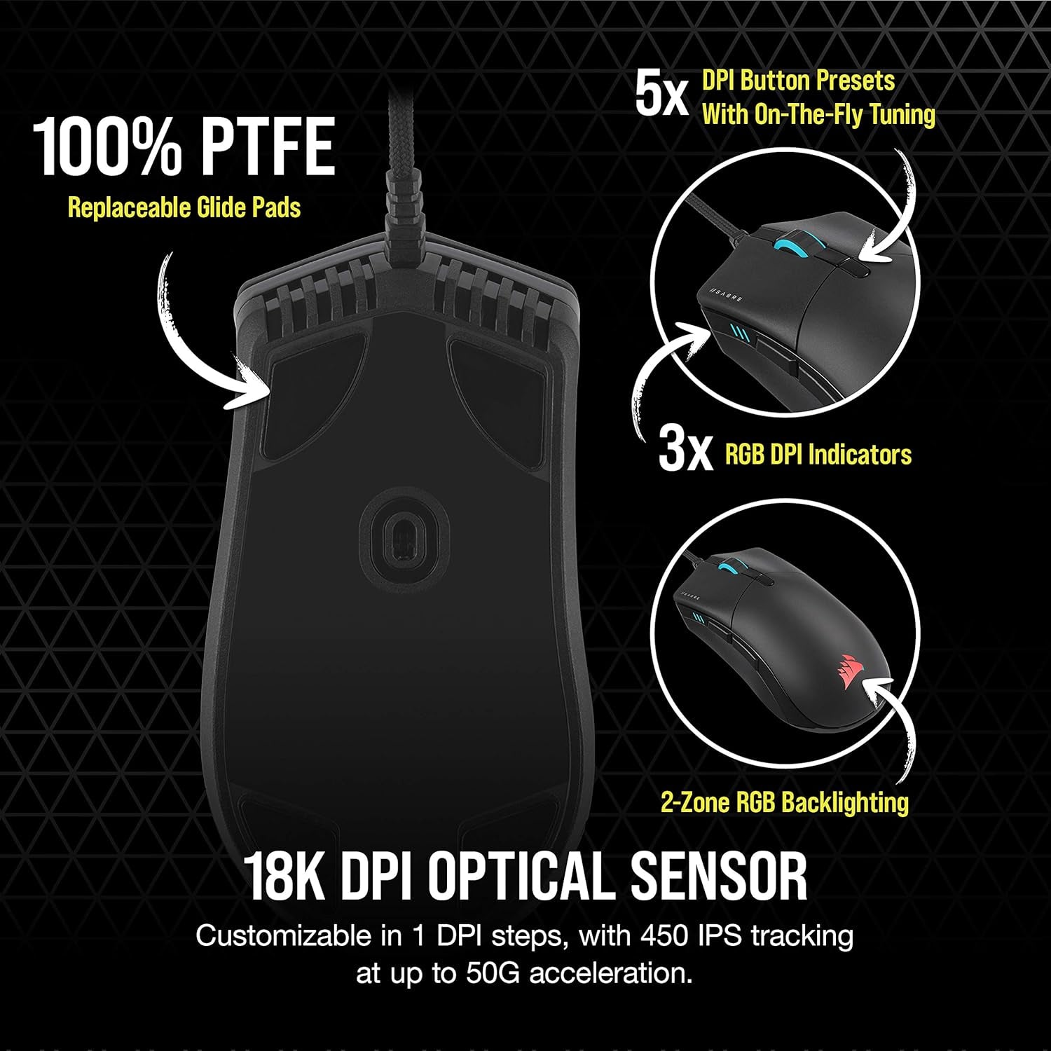 Sabre RGB PRO Champion Series FPS/MOBA Gaming Mouse - Ergonomic Shape for Esports and Competitive Play - Ultra-Lightweight 74G - Flexible Paracord Cable