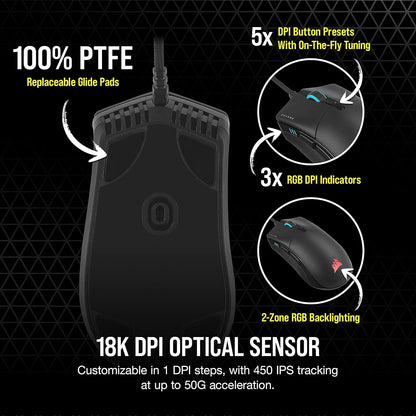 Sabre RGB PRO Champion Series FPS/MOBA Gaming Mouse - Ergonomic Shape for Esports and Competitive Play - Ultra-Lightweight 74G - Flexible Paracord Cable