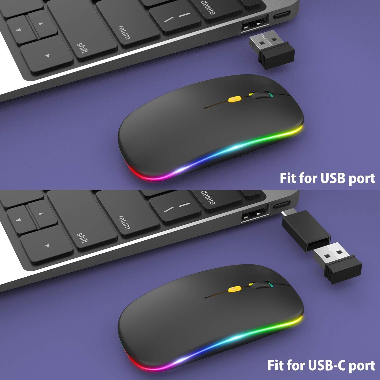 Upgrade LED Wireless Slim Silent Computer Mouse, 2.4G Portable Optical Office Mouse with USB & Type-C Receiver, 3 Adjustable DPI Levels for Notebook, PC, Laptop, Macbook