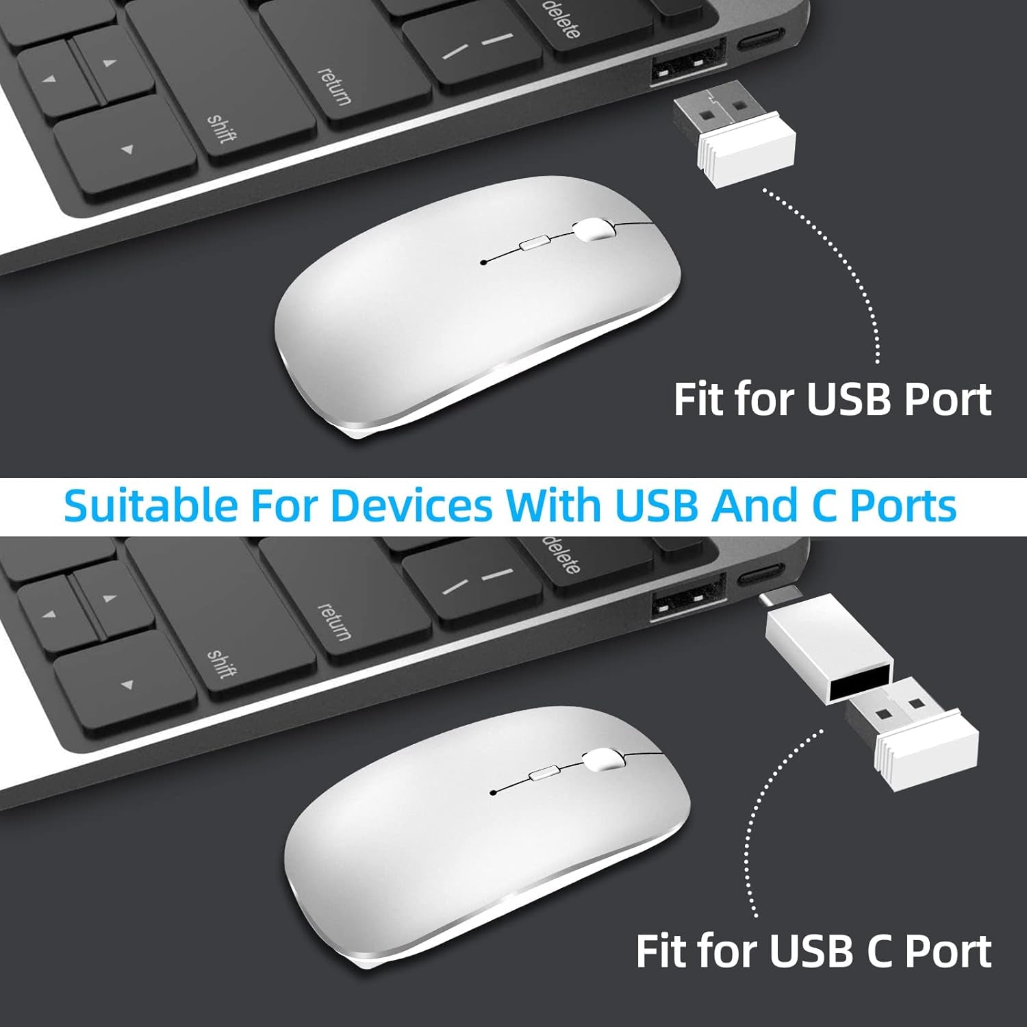 Wireless Mouse for Laptop, Bluetooth Mouse for Macbook Pro/Air/Mac/Ipad/Chromebook/Computer -Rechargeale Dual Mode(Usb 2.4Ghz + Bluetooth 5.2) Silent Cordless Mice with USB C Adapter,Silver