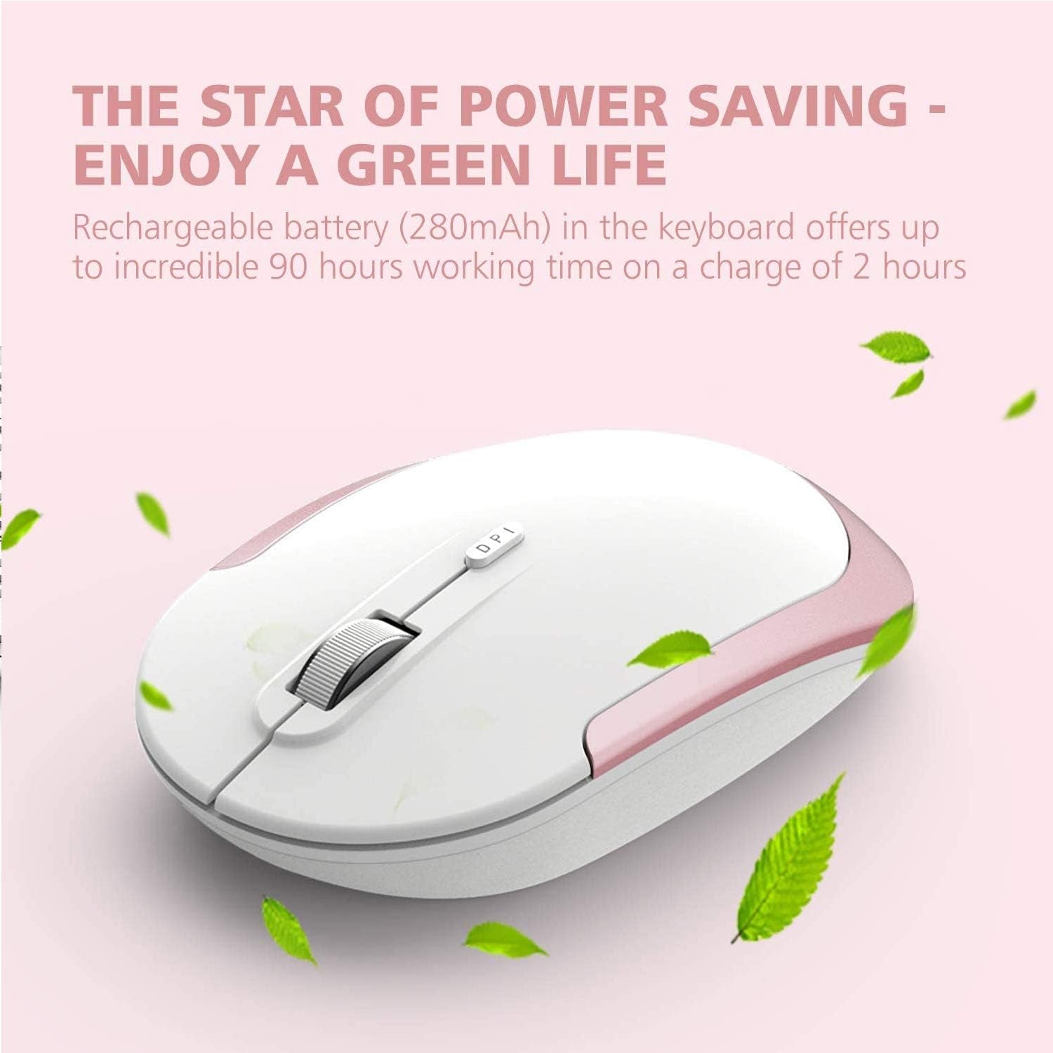 Wireless Keyboard and Mouse Combo - 2.4G Portable Wireless Keyboard Mouse with Rechargeable Battery, Ergonomic Design, Full Size, Slim & Thin, Stable Connection, Adjustable DPI, Rose Gold
