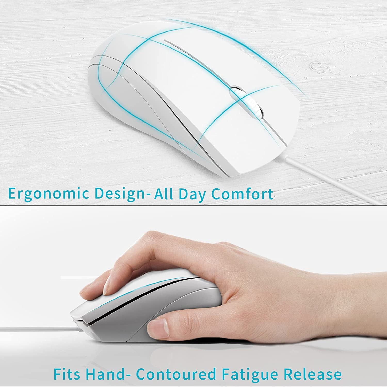 N1600 3-Button Quiet Wired Mouse, 1000DPI Optical Mouse, Quiet Button, Ergonomic Shape, for Desktop Computers Laptops, Matte White