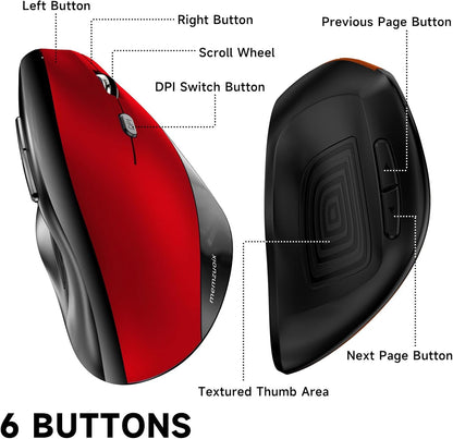 Ergonomic Wireless Mouse, 2.4G Optical Cordless, 800/1200/1600 DPI, Vertical Computer Mouse for Laptop, Mac, PC, Desktop (Right Hand, Large) - Red