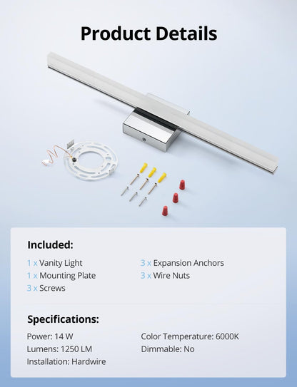 LED Vanity Lights Bar 24 Inch Bathroom Light Fixtures 14W IP44 over Mirror Lighting Indoor Wall Sconces Modern Cool White 6000K for Washroom